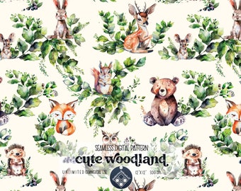 May include: A seamless digital pattern featuring cute woodland animals, including a fox, bear, squirrel, owl, hedgehog, deer, and rabbit. The animals are surrounded by green leaves and berries on a white background. The text "cute woodland" is written in a whimsical font.