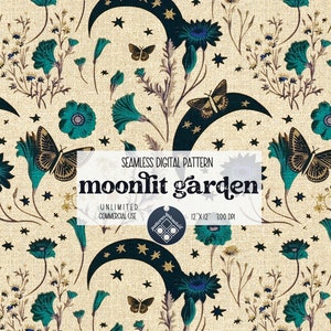 Moonlit Garden seamless pattern Unlimited Commercial Use digital print file instant download Sublimation POD moth magic witchy floral