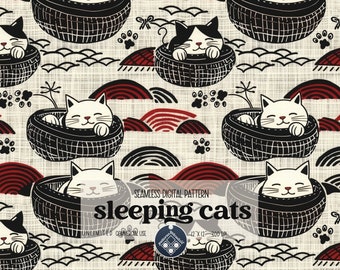May include: A seamless digital pattern featuring black and white sleeping cats in baskets on a beige background with red and black mountain shapes. The text "sleeping cats" is in the center of the image.