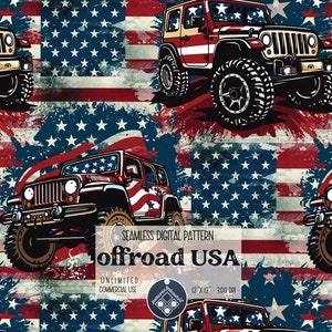 May include: A seamless digital pattern showcasing off-road vehicles in red, white, and blue, set against a backdrop of the American flag. The design includes the text "offroad USA" and is for unlimited commercial use.