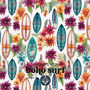 May include: A seamless digital pattern featuring colorful surfboards, tropical flowers, and leaves. The pattern is titled "boho surf" and is available for unlimited commercial use.