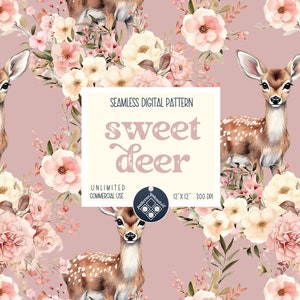 May include: A seamless digital pattern featuring a sweet deer with pink and white flowers on a light pink background. The text "sweet deer" is in the center of the image.