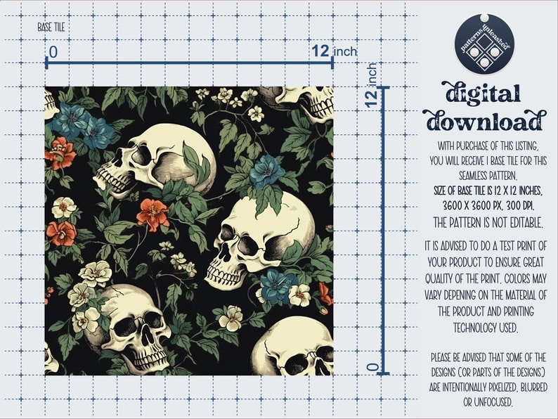 Skull Floral Seamless Pattern Unlimited Commercial Use Instant Download ...