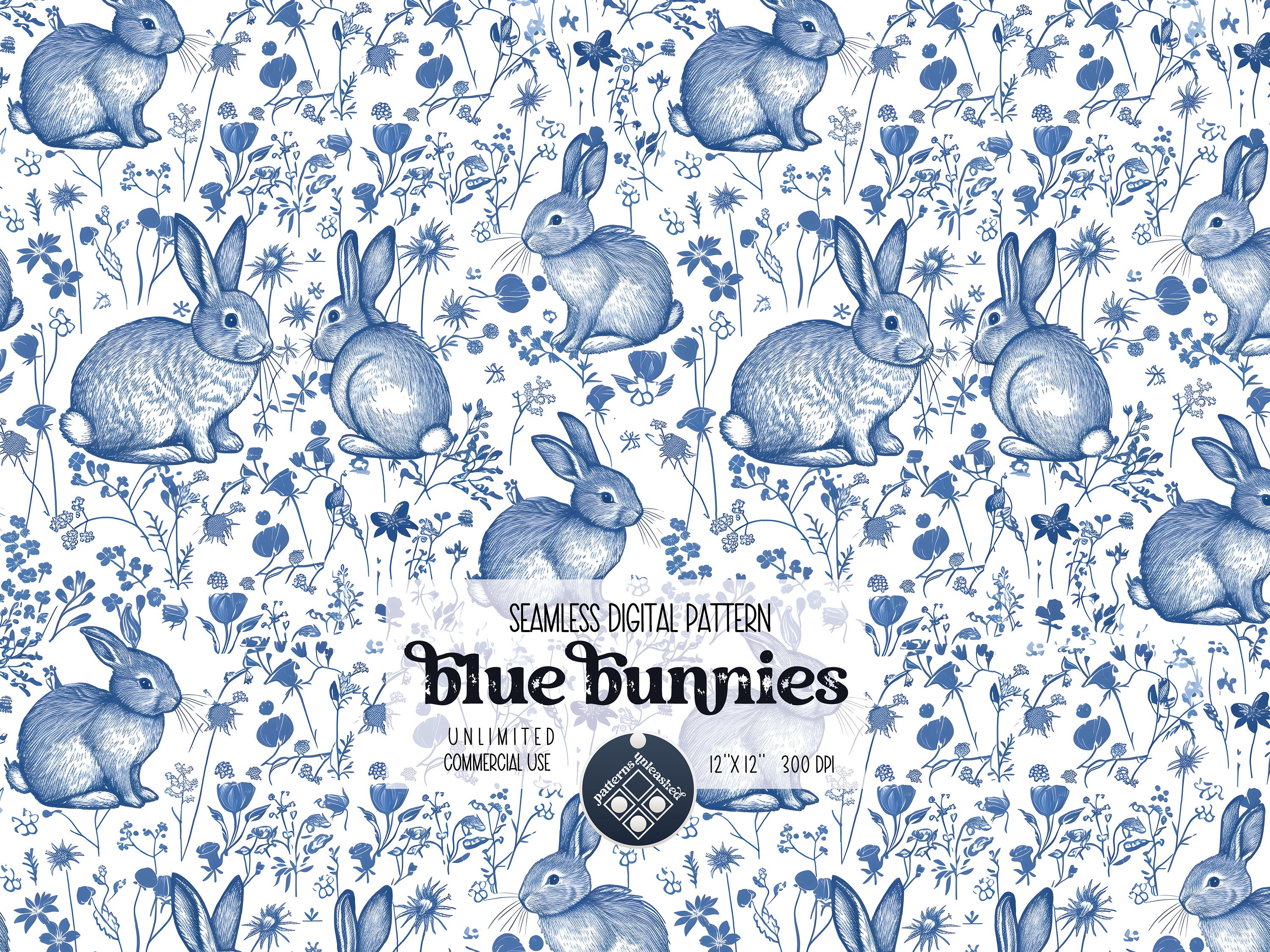 Blue Bunnies Seamless Pattern Unlimited Commercial Use Digital File ...