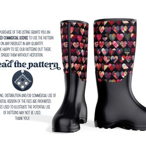 May include: A pair of black rain boots with a patchwork heart pattern. The boots are made of rubber and have a rounded toe. The pattern is made up of different colored fabrics, including red, pink, blue, and green.