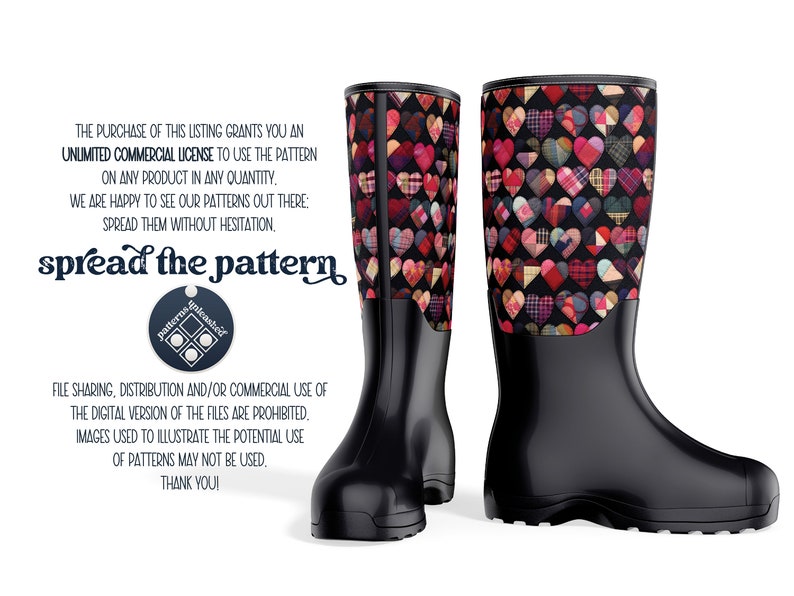 May include: A pair of black rain boots with a patchwork heart pattern. The boots are made of rubber and have a rounded toe. The pattern is made up of different colored fabrics, including red, pink, blue, and green.