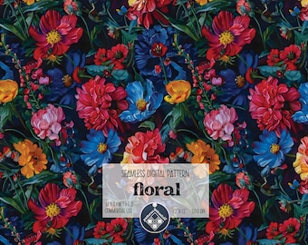 May include: A seamless digital pattern featuring a vibrant floral design. The pattern includes red, pink, blue, yellow, and green flowers on a dark blue background. The text "seamless digital pattern floral" is included in the image.