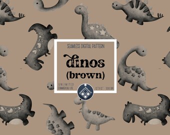 May include: A seamless digital pattern featuring brown watercolor dinosaurs with white accents. The pattern is titled "dinos (brown)" and is 12" x 12" at 300 DPI. It is for unlimited commercial use.