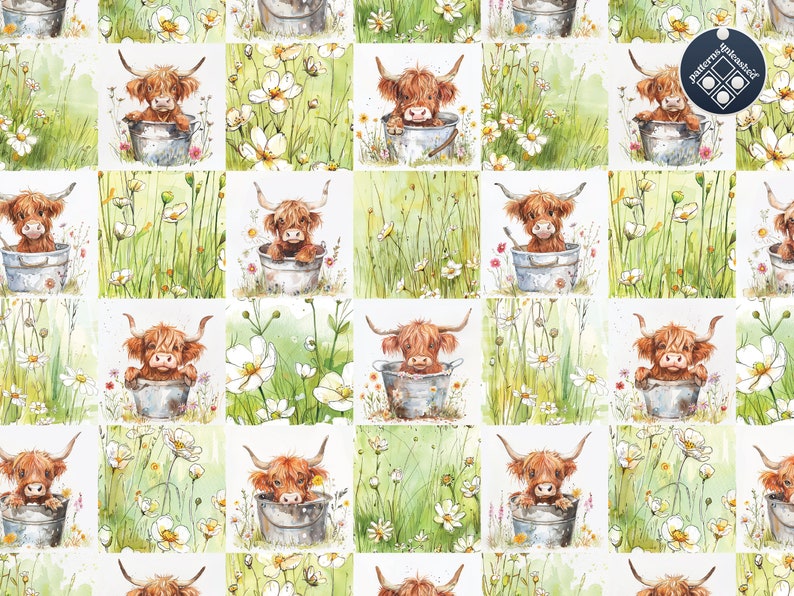 Highland Cows Patchwork Seamless Pattern Unlimited Commercial Use ...