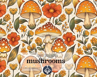 Mushrooms digital seamless pattern Unlimited Commercial Use digital print file instant download Sublimation POD autumn fall floral design