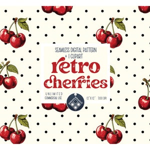 Może przedstawiać: Bezszwowy wzór cyfrowy z czerwonymi wiśniami na białym tle z czarnymi kropkami. Tekst "retro cherries" jest w czerwonej czcionce vintage z efektem zużycia. Wzór ma 30,5 cm na 30,5 cm i 300 DPI.
