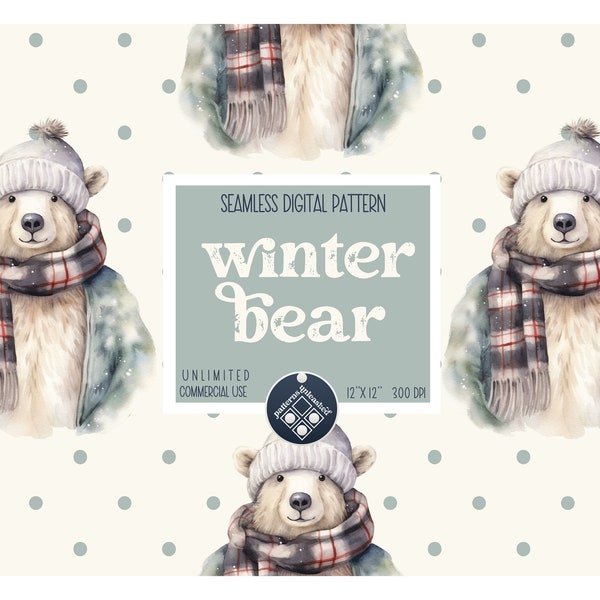 Cute winter bear seamless pattern Unlimited Commercial Use digital print file instant download Sublimation POD baby fabric