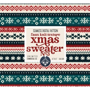 Può includere: Motivo digitale senza cuciture per un maglione natalizio con una texture a maglia finta. Il motivo presenta strisce rosse, bianche, blu, verdi e nere con fiocchi di neve e disegni geometrici. Il testo sull'immagine recita "Seamless Digital Pattern, faux knit texture, xmas sweater, Unlimited Commercial Use, Nº3, 12"x12" 300 DPI".