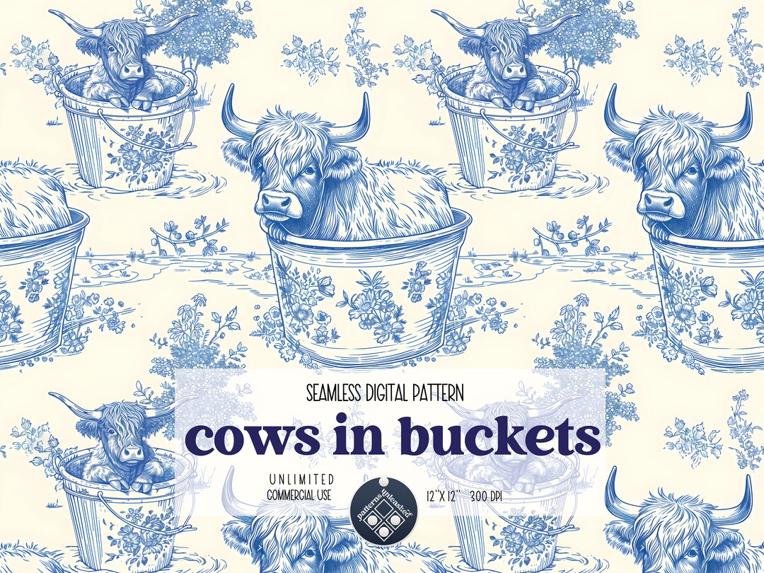 Highland Cows in Buckets Seamless Pattern Unlimited Commercial Use ...