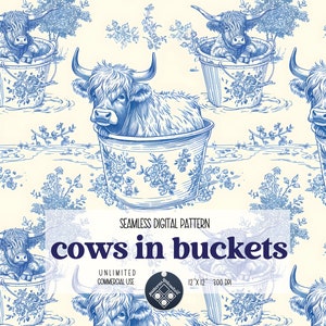May include: A seamless digital pattern featuring a repeating design of Highland cows sitting in blue and white floral buckets. The background is a light cream color.