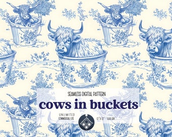 Highland Cows in Buckets Seamless Pattern Unlimited Commercial Use digital file instant download Sublimation blue white art bathroom print