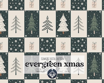 May include: Seamless digital pattern featuring Christmas trees, gifts, and snowflakes in a repeating grid. The design includes evergreen trees in various styles, with a color palette of green, beige, and white. The text "evergreen xmas" is also included.