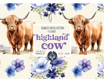 Highland cow seamless pattern clipart set Unlimited Commercial Use digital print file instant download Sublimation POD watercolor cute png