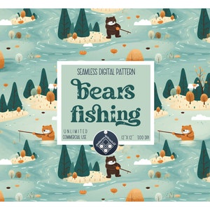 Bears fishing childrens seamless pattern Unlimited Commercial Use digital print file instant download Sublimation POD baby cute nature file