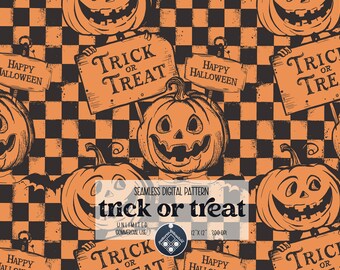 Könnte beinhalten: Ein nahtloses digitales Muster mit orangefarbenen und schwarzen Jack-o'-Lantern-Kürbissen mit zahnigen Grinsen, die Schilder mit der Aufschrift "Trick or Treat" und "Happy Halloween" halten. Der Hintergrund ist ein schwarz-orangenes Karomuster.