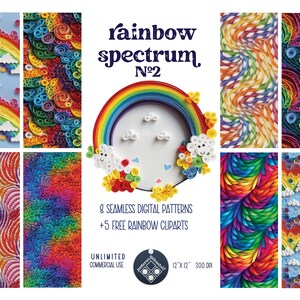 May include: A set of 8 digital rainbow patterns and 5 rainbow clipart images. The patterns are seamless and feature a variety of rainbow designs, including swirls, waves, and clouds. The clipart images are perfect for adding a touch of whimsy to your projects.