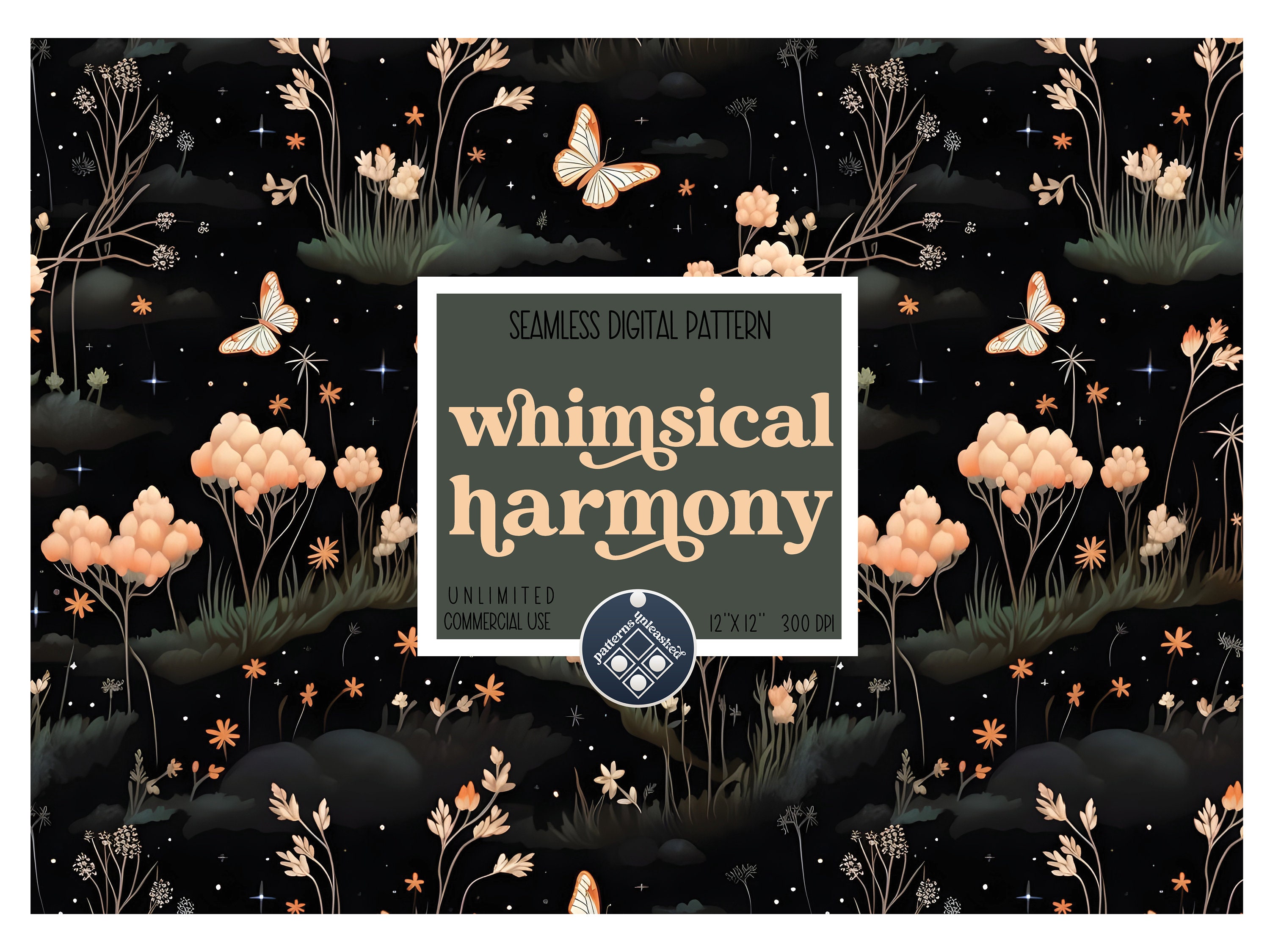 Whimsical harmony seamless pattern Unlimited Commercial Use digital print file instant download  POD mystical moth magic witchy floral