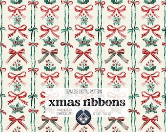 May include: A seamless digital pattern featuring red and green watercolor bows, holly sprigs, and green lines on a cream background. The text "xmas ribbons" is in the center of the image. The text "Seamless Digital Pattern" is above the text "xmas ribbons". The text "Unlimited Commercial Use" is below the text "xmas ribbons". The text "12"x12" 300 DPI" is below the text "Unlimited Commercial Use".
