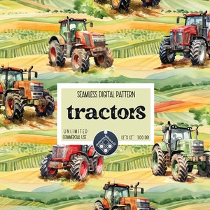 May include: Seamless digital pattern featuring watercolor illustrations of red and green tractors on a background of rolling green hills and yellow fields. The text "tractors" is in the center of the image.