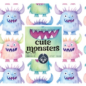 May include: A seamless digital pattern featuring cute watercolour monsters in various colours, including blue, green, pink, and purple. The pattern is 12 inches by 12 inches and 300 DPI.