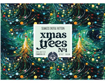 Può includere: Motivo digitale senza cuciture con colori astratti a spirale verde, blu e giallo con alberi di Natale stilizzati e punti colorati. Il testo "xmas trees Nº1" è in una casella bianca con le parole "Seamless Digital Pattern", "Unlimited Commercial Use" e "12"x12" 300 DPI" sotto.