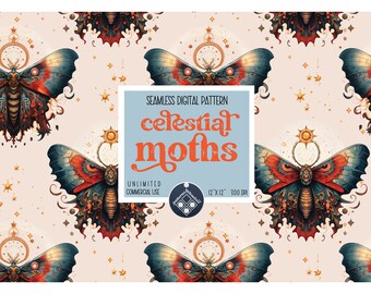 Celestial Moths seamless pattern Unlimited Commercial Use digital print file instant download Sublimation POD whimsical witchy magical file