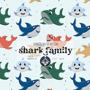 Shark Family seamless pattern Unlimited Commercial Use digital print file instant download Sublimation POD Cute Custom Fabric File
