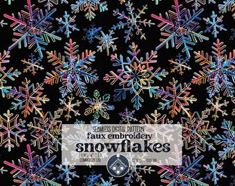May include: A seamless digital pattern featuring colorful faux embroidery snowflakes on a black background. The pattern is 12 x 12 inches and 300 DPI. It is for unlimited commercial use.