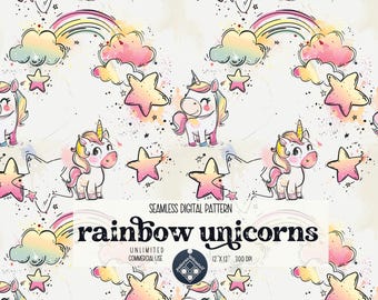 May include: A seamless digital pattern featuring rainbow unicorns, stars, and clouds. The pattern is perfect for creating whimsical designs for children's products.