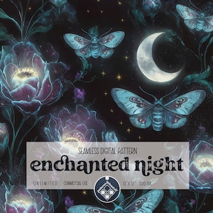Night Garden Enchanted seamless pattern Unlimited Commercial Use digital print file instant download Sublimation mystical moth magic witchy