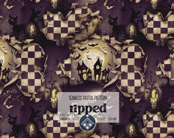 May include: A seamless digital pattern featuring a ripped paper effect with a Halloween theme. The pattern includes a checkered background, a full moon, bats, haunted houses, black cats, and candles. The text "Ripped" is displayed in a bold font.