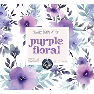 Watercolor purple flowers seamless pattern Unlimited Commercial Use digital print file instant download Sublimation POD summer floral fabric