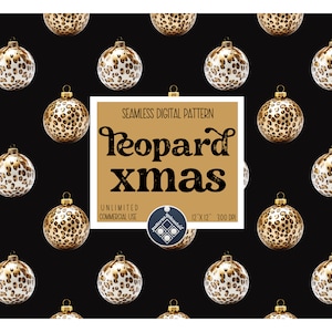 Könnte beinhalten: Nahtloses digitales Muster mit goldenen und weißen Weihnachtskugeln im Leopardenmuster auf schwarzem Hintergrund. Der Text "Leopard Xmas" wird in einer Vintage-Schriftart angezeigt. Das Muster ist 12 Zoll mal 12 Zoll groß und hat 300 DPI.