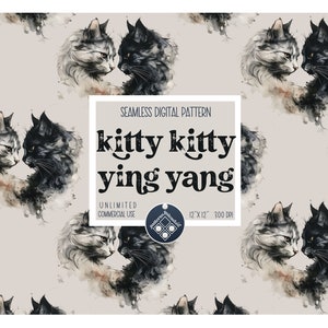 Puede incluir: Un patrón digital sin costuras que presenta dos gatos de acuarela, uno negro y otro blanco, que se miran en un diseño yin yang. El texto "kitty kitty ying yang" se muestra en negrita. El patrón mide 30,5 cm por 30,5 cm y 300 DPI.