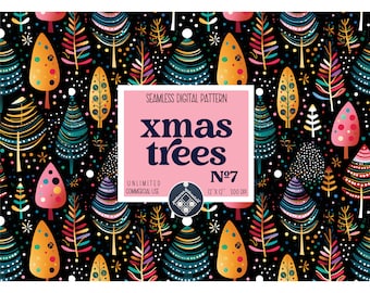 Può includere: Un motivo digitale senza cuciture con alberi di Natale colorati con accenti dorati su uno sfondo nero. Il motivo misura 30,48 cm per 30,48 cm e 300 DPI. Il testo "xmas trees" è visualizzato in una casella rosa con il numero "7" in un cerchio.