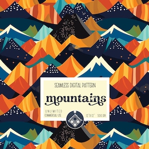 May include: A seamless digital pattern featuring colorful, abstract mountains in shades of blue, orange, yellow, and green. The pattern is titled "mountains" and includes the text "Unlimited Commercial Use" and "12" x 12" 300 DPI".