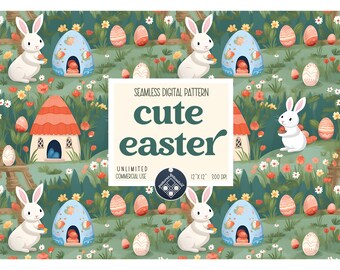 イースターのシームレスなパターン 無制限の商用利用 デジタルプリントファイル 即時ダウンロード 昇華POD かわいいウサギのデザイン