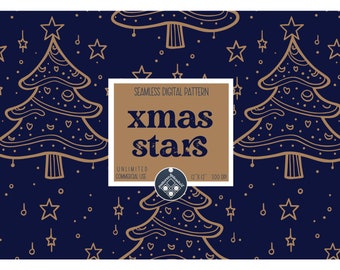 May include: A seamless digital pattern featuring gold Christmas trees and stars on a dark blue background. The text "xmas stars" is displayed in a brown rectangle with the words "Seamless Digital Pattern", "Unlimited Commercial Use", and "12"x12" 300 DPI" below it.