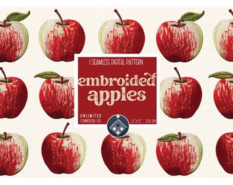 May include: A seamless digital pattern featuring red embroidered apples on a white background. The pattern is 12 inches by 12 inches and 300 DPI.