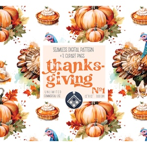 Thanksgiving turkey pumpkin digital paper seamless pattern and clipart bundle Unlimited Commercial Use instant download Sublimation autumn 1