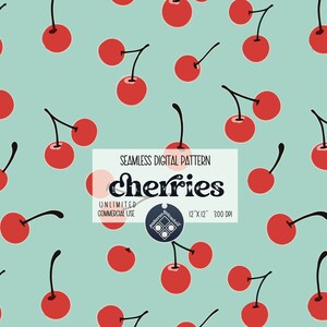 Może przedstawiać: Bezszwowy wzór cyfrowy z czerwonymi wiśniami na jasnoniebieskim tle. Wzór ma 12 cali na 12 cali i 300 DPI. Tekst "cherries" jest w kolorze czarnym i białym.