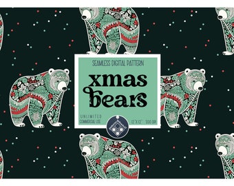 May include: Seamless digital pattern featuring Christmas bears with intricate floral designs in shades of green, red, and white on a dark green background with white and red polka dots. The text "Xmas Bears" is displayed in a green box with the words "Seamless Digital Pattern" and "Unlimited Commercial Use" in smaller text.