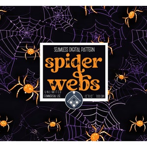 Peut inclure: Un motif numérique sans couture représentant des araignées orange et des toiles d'araignées violettes et blanches sur un fond noir. Le texte "spider webs" est dans un cadre blanc avec du texte orange. Le texte "seamless digital pattern" est dans un cadre blanc plus petit avec du texte noir. Le texte "unlimited commercial use" est dans un cadre blanc plus petit avec du texte noir. Le texte "12 x 12 - 300 dpi" est dans un cadre blanc plus petit avec du texte noir.