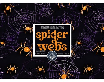 Halloween-Spinnennetze digitales Papier nahtloses Muster Unbegrenzte kommerzielle Nutzung sofortiger Download Sublimation lila orange Stoffdruckdatei