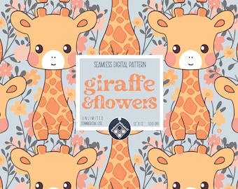 May include: Seamless digital pattern featuring cartoon giraffes and flowers in shades of orange, peach, and gray. The text "giraffe & flowers" is displayed on a light blue background. The pattern is 12" x 12" at 300 DPI.
